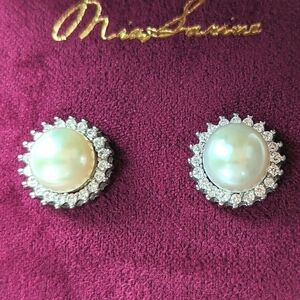 Mia Sarine Freshwater Pearl Cubic Zirconia Sterling Silver Stud Earrings NWT